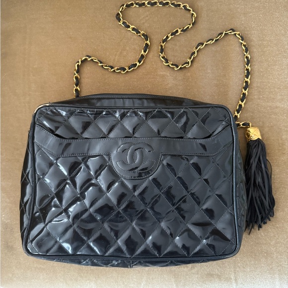 CHANEL Black Quilted Patent Leather Shoulder Bag with Gold Chain Strap